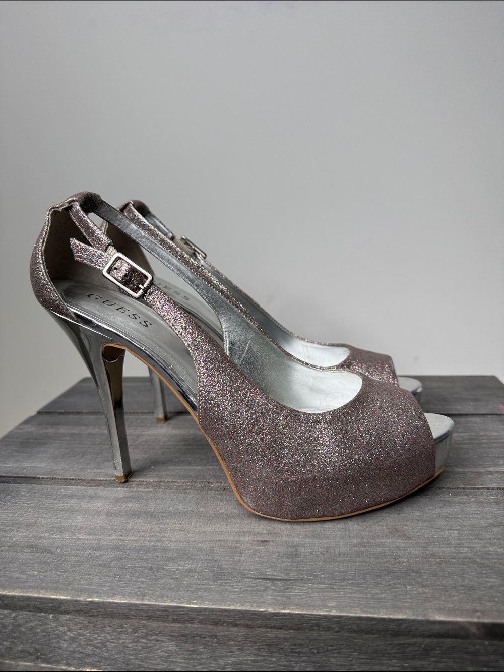 GUESS Sparkling Peep-Toe Slingback Heels in Rose Gold Glitter